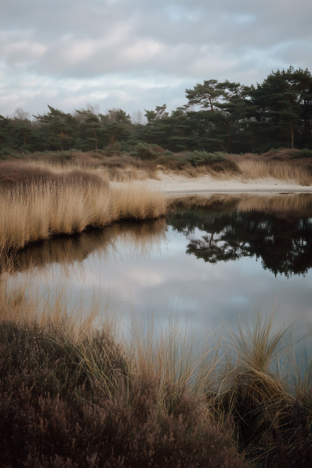 Stil ven omringd door riet en bomen